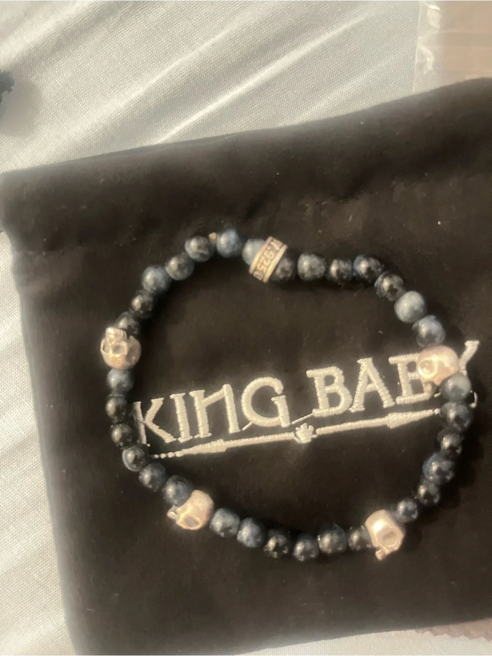King Baby 8 inch Black Onyx Beaded Skull Bracelet .925 Made in the 🇺🇸